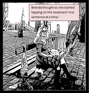 Brenda sitting on the bench with caption
